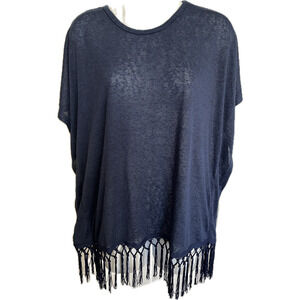 Esperanza royal blue short butterfly sleeve fringe hem medium knit top NWT